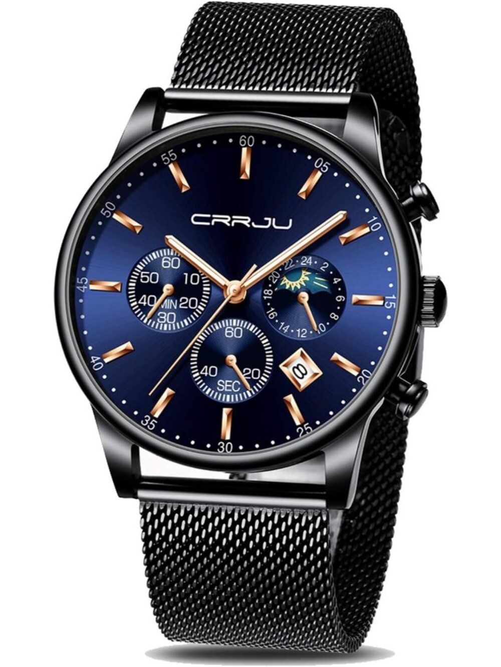 Men's Blue Black Chronograph Auto Date Steel Quartz with Mesh Strap Wristwatch